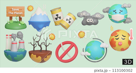 Eco Global Warming icon set Illustration Eco global warming icons. 3D Illustration Eco Global Warming icon set Illustration Eco global warming icons. 3D Illustration 113100302