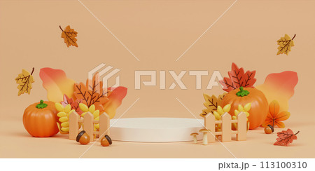 Autumn Display Podium Decoration Background with Autumn leaves and empty minimal podium pedestal product display. 3d render illustration. Autumn Display Podium Decoration Background with Autumn leaves and empty minimal podium pedestal product display. 3d render illustration. 113100310