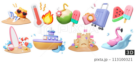 3d render illustration. a large collection of icons on the theme of summer for outdoor trip vacation isolated in white background design. 113100321
