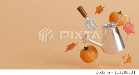 3d Autumn with watering can, leaves, pumpkins, and Shoveling fork background. 3d Fall leaves for the design of Fall banners, posters, advertisements, cards, sales. 3d render illustration. 3d Autumn with watering can, leaves, pumpkins, and Shoveling fork background. 3d Fall leaves for the design of Fall banners, posters, advertisements, cards, sales. 3d render illustration. 113100331