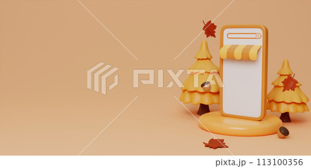 Hello Autumn with phone, leaves, pumpkins, walnut background. 3d Fall leaves for the design of Fall banners, posters, advertisements, cards, sales. 3d render illustration. Hello Autumn with phone, leaves, pumpkins, walnut background. 3d Fall leaves for the design of Fall banners, posters, advertisements, cards, sales. 3d render illustration. 113100356