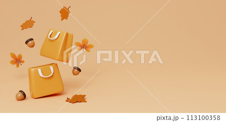 3d shopping bag, walnut, gift boxes, leaves. 3d render for banner or poster design for autumn sale. copy space. delicate pastel colors. 3d rendering 113100358