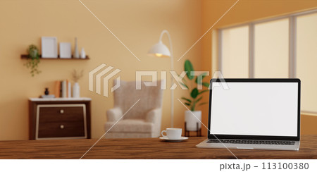 A laptop mockup on the table In minimal living room. on empty yellow wall background.3d render illustration A laptop mockup on the table In minimal living room. on empty yellow wall background.3d render illustration 113100380