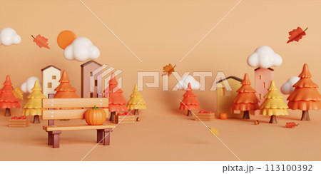 3d Autumn with fallen leaves, bench and pine tree. concept of autumn, winter and outdoors. copy space text, 3D rendering 113100392