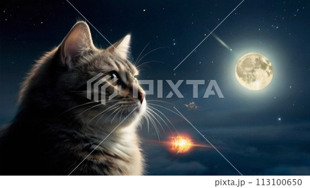 満月と星空と猫 113100650