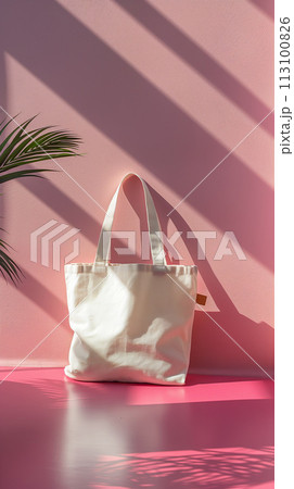 Canvas tote bag with shadow on pink wall Canvas tote bag with shadow on pink wall 113100826