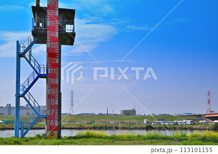 水位計　荒川本流　春の陽気　笹目橋付近の風景 113101155