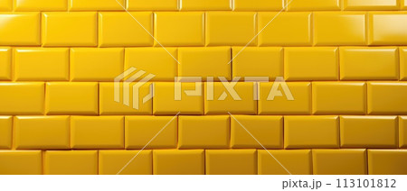 A wide background banner panorama showcasing yellow-colored square brick subway tiles wall texture, Ai Generated. 113101812