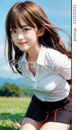 緑の大地に笑顔で立つ若い女性 113101911