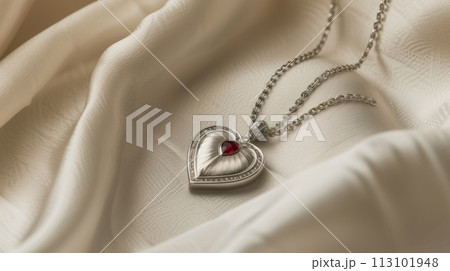 Diamond and ruby heart pendant on satin, a blend of luxury and romance, Ai Generated 113101948