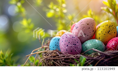 Rainbow-dyed Easter eggs in a basket, creating a colorful background, Ai Generated Rainbow-dyed Easter eggs in a basket, creating a colorful background, Ai Generated 113101949