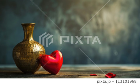 Elegant setting of a red heart alongside a gold vase, beautifully arranged on a table, Ai Generated 113101969