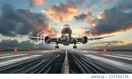 A grand airliner takes flight from an airport, embarking anew, Ai Generated A grand airliner takes flight from an airport, embarking anew, Ai Generated 113102216