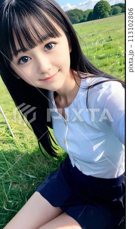 緑の大地に笑顔で座る若い女性 113102806