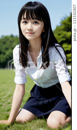 緑の大地に笑顔で座る若い女性 113102807