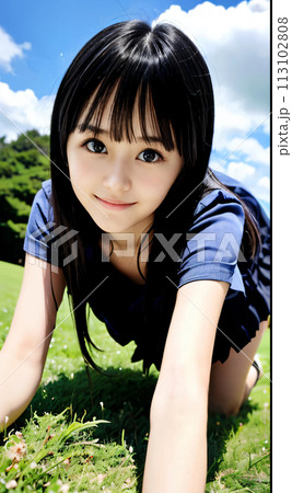 緑の大地で四つん這いの笑顔の若い女性 113102808