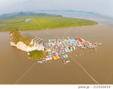 Aerial view of Panyee island in Phang Nga Thailand,High angle view Floating village, Koh Panyee fishing village island in Phang Nga, Thailand Aerial view of Panyee island in Phang Nga Thailand,High angle view Floating village, Koh Panyee fishing village island in Phang Nga, Thailand 113103019