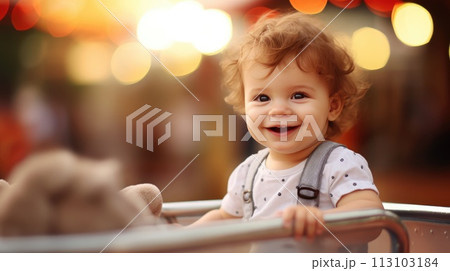 Baby toddler smiling and looking at camera with blurred amusement on background. Newborn baby portrait. Baby toddler smiling and looking at camera with blurred amusement on background. Newborn baby portrait. 113103184