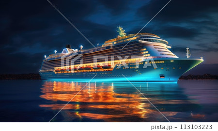 Huge Cruise ship on the water in ocean with a glowing blue light at night. Ship illuminated in blue neon glow. 113103223