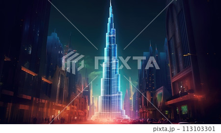 Cityscape of Dubai with Burj Khalifa with neon lights at night, United Arab Emirates, travel background 113103301
