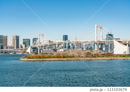 【東京都】晴天のお台場から見たレインボーブリッジ 113103679