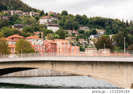 Mountain landscape, picturesque mountain lake in the summer morning, large panorama. Como, Italy Mountain landscape, picturesque mountain lake in the summer morning, large panorama. Como, Italy 113104184