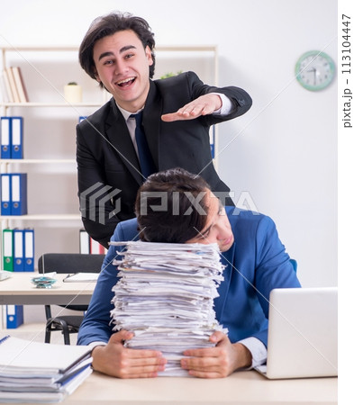 Two male colleagues unhappy with excessive work 113104447
