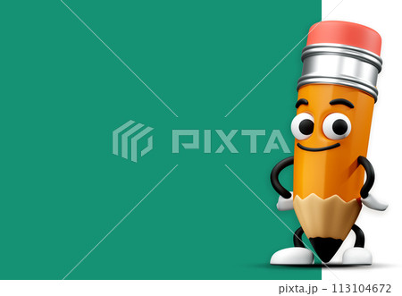Back to school theme with 3D cartoon pencil character. Smiling pencil mascot stand beside with empty space blackboard illustration 113104672