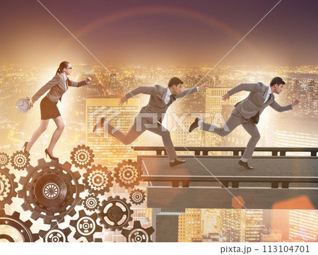 Business people crossing the bridge with cogwheels 113104701
