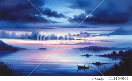 夜明けの静かな海 水彩画 風景画 113104961
