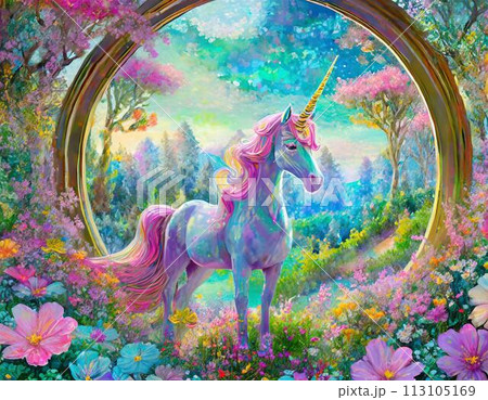 ユニコーンと花のある風景のイラスト素材 [113105169] - PIXTA