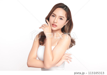 Beautiful young asian woman with clean fresh skin on white background, Face care, Facial treatment, Cosmetology, beauty and spa, Asian women portrait. 113105313
