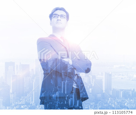 Successful businessman against cityscape in business concept 113105774