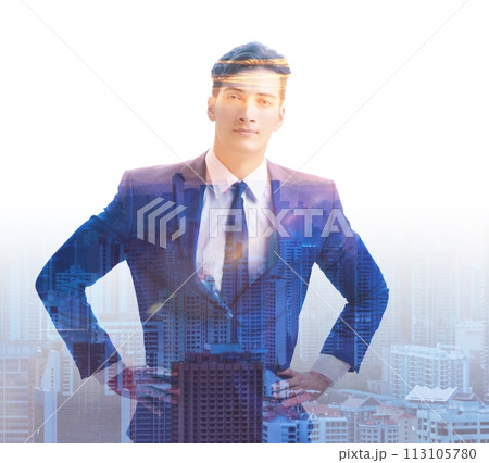 Successful businessman against cityscape in business concept 113105780