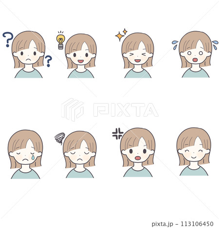 茶髪ボブヘアの女性の色々表情アイコンセット 113106450