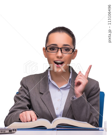 Young businesswoman in office isolated on white 113106496
