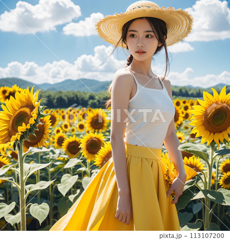 ひまわり畑に立つ10代の少女　女子高生　#AI画像　#AIグラビア　#AIグラドル 113107200