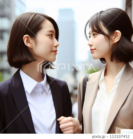 同僚とアイコンタクトするビジネスウーマン 113107452