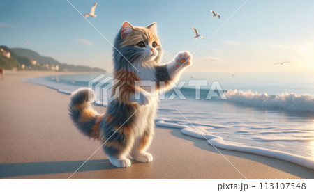夕日に染まる猫 113107548