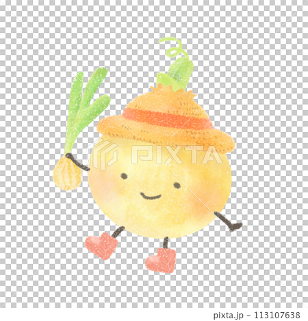 麦わら帽子をかぶったかわいい玉ねぎのイラスト 113107638