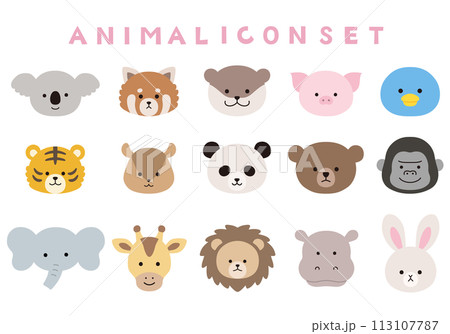 かわいい動物の顔のベクターイラストセット。アイコン、動物園 113107787