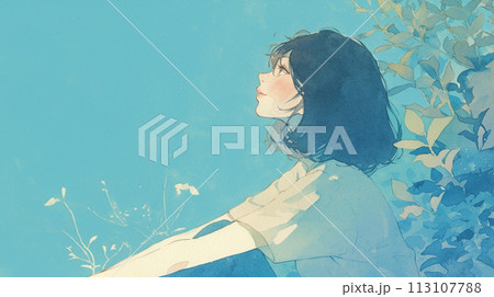 公園に座り青い空を見上げる女性 113107788