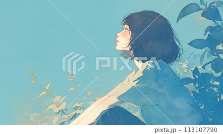 公園に座り青い空を見上げる女性 113107790