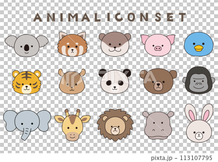 Vector illustration set of cute animal faces. Icon, zoo 113107795