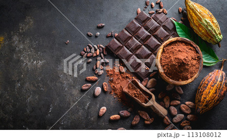 Cacao fruit with dark chocolate and chocolate powder on a black background 113108012