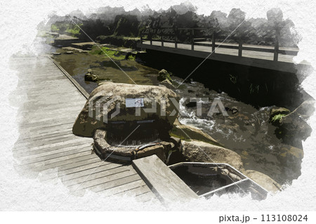 水彩画風　玉造温泉　玉湯川　川辺の足湯　島根県松江市 113108024