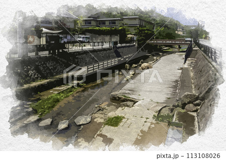 水彩画風　玉造温泉　玉湯川　川辺の足湯　島根県松江市 113108026