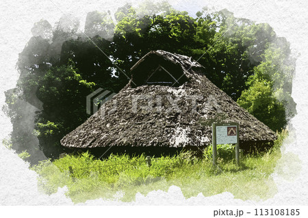 水彩画風　玉造温泉　出雲玉作史跡公園　復元古代玉作工房　島根県松江市 113108185