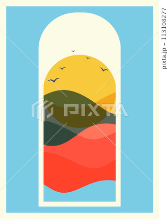 Sunset in the sea view minimalist art. Boho aesthetic cartoon illustration. Sunset in the sea view minimalist art. Boho aesthetic cartoon illustration. 113108277