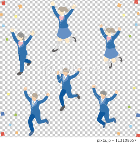 Isometric bird's eye view people male female student jumping happy diversity illustration material set 113108657